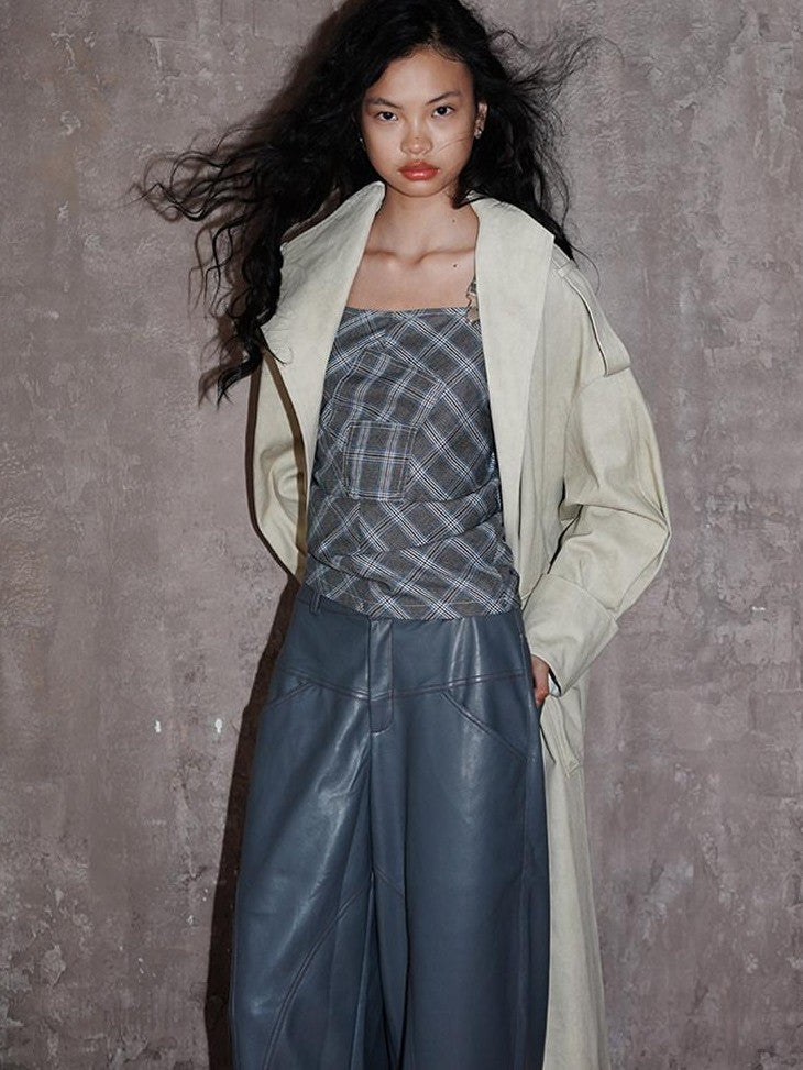 badtaste Tie Dye Scarf Two Piece Polo Collar Long Women's 100 Cotton Denim Trench Coats