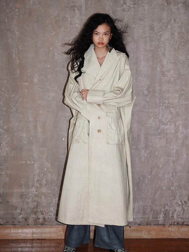badtaste Tie Dye Scarf Two Piece Polo Collar Long Women's 100 Cotton Denim Trench Coats