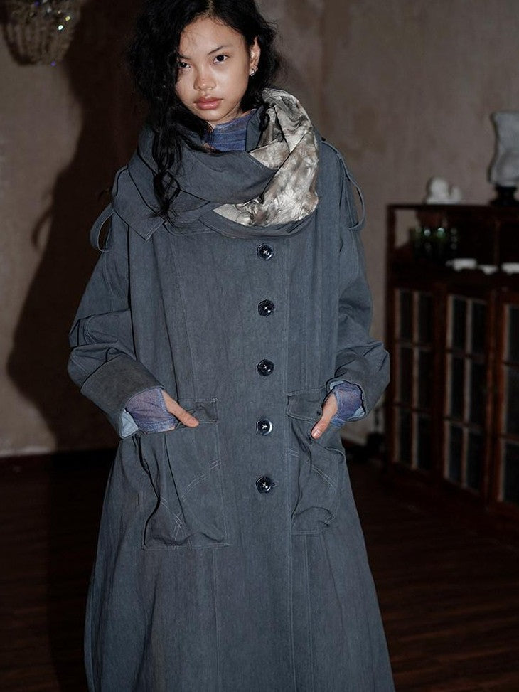 badtaste Tie Dye Scarf Two Piece Polo Collar Long Women's 100 Cotton Denim Trench Coats