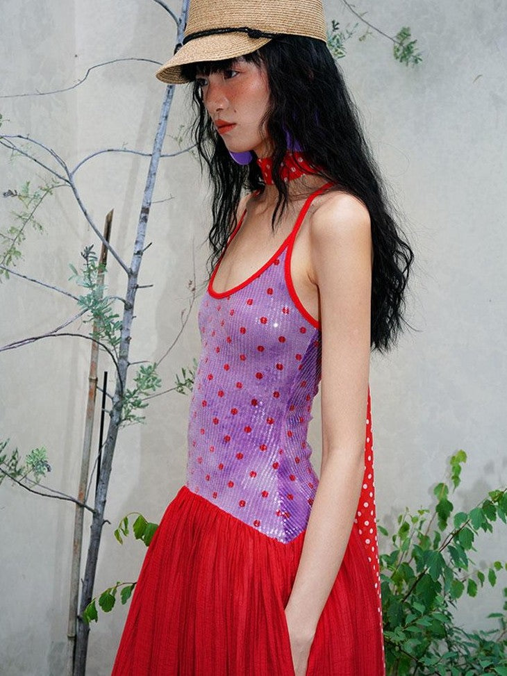 badtaste Tie Dye Sequin Polka Dot Patchwork Western Women's U Neck Slip Maxi Dresses