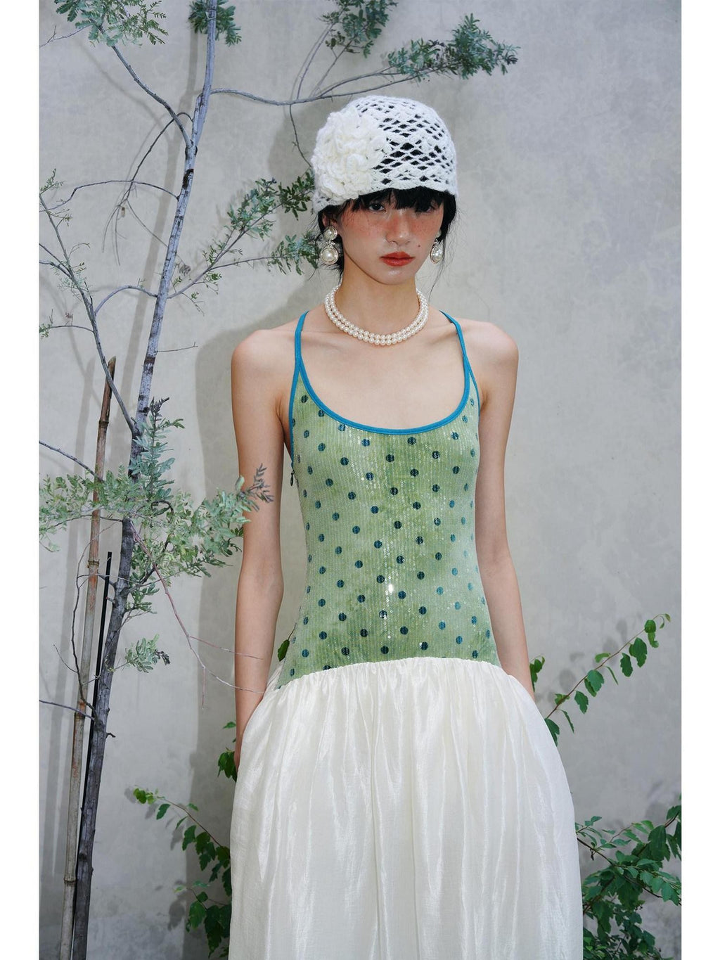badtaste Tie Dye Sequin Polka Dot Patchwork Western Women's U Neck Slip Maxi Dresses