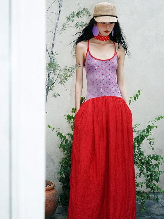badtaste Tie Dye Sequin Polka Dot Patchwork Western Women's U Neck Slip Maxi Dresses