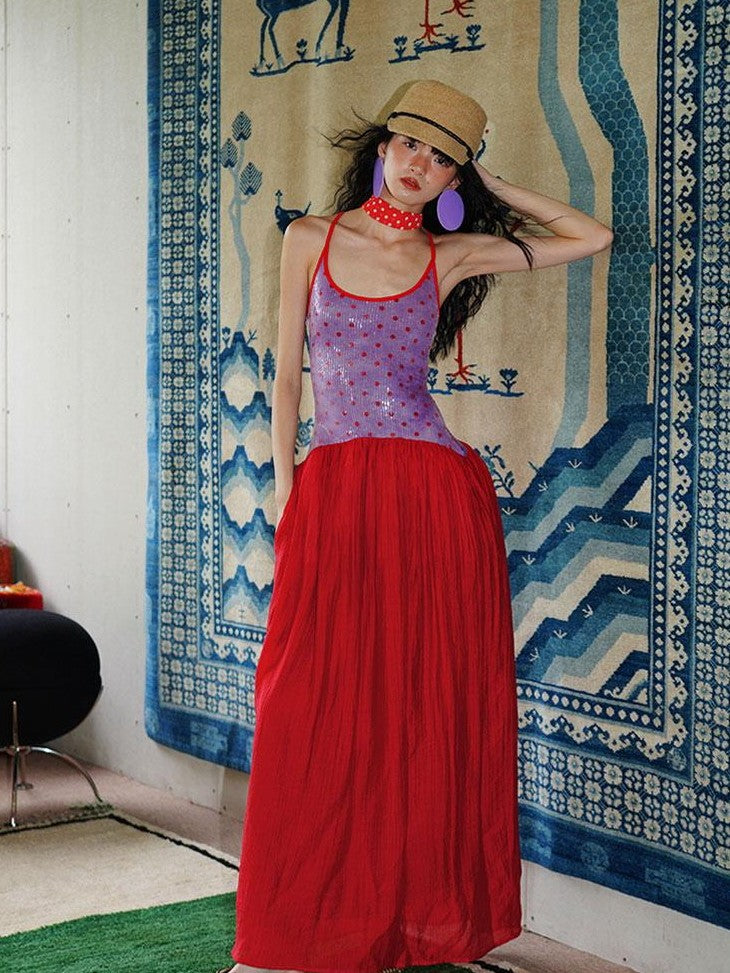 badtaste Tie Dye Sequin Polka Dot Patchwork Western Women's U Neck Slip Maxi Dresses