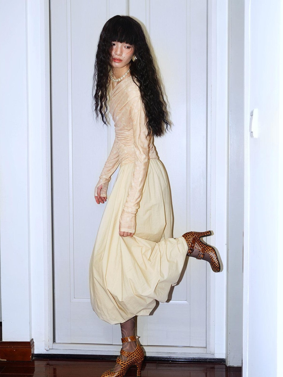 badtaste Tulip Hem Asymmetric Tailored Long Sleeve Women's Acetate Casual Maxi Dresses