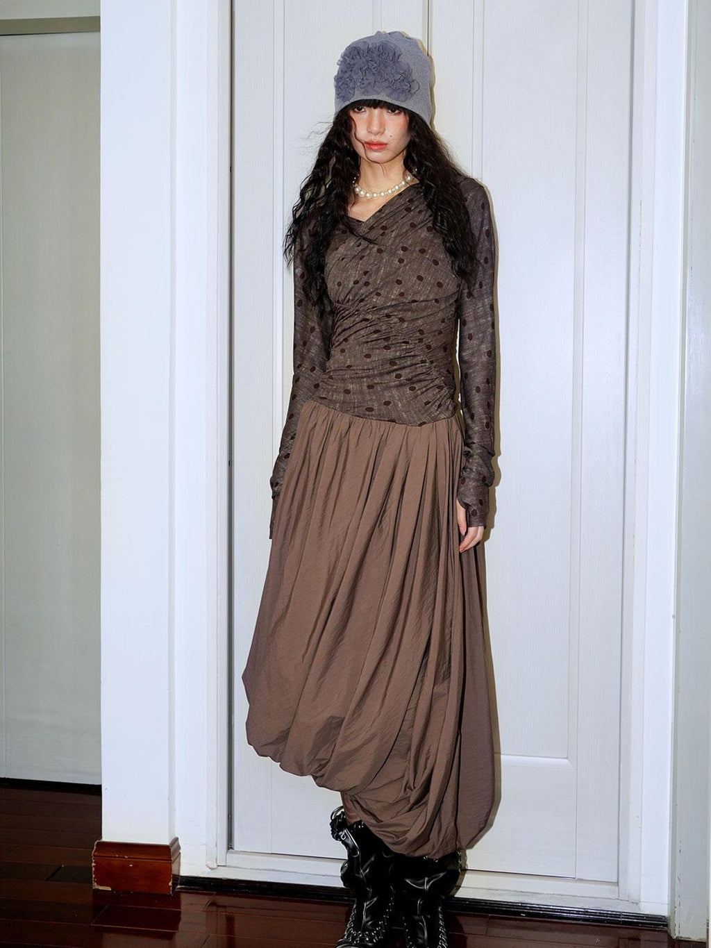 badtaste Tulip Hem Asymmetric Tailored Long Sleeve Women's Acetate Casual Maxi Dresses
