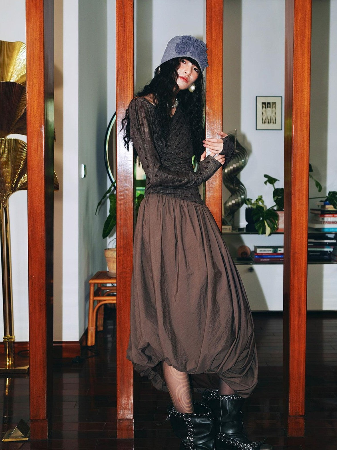 badtaste Tulip Hem Asymmetric Tailored Long Sleeve Women's Acetate Casual Maxi Dresses