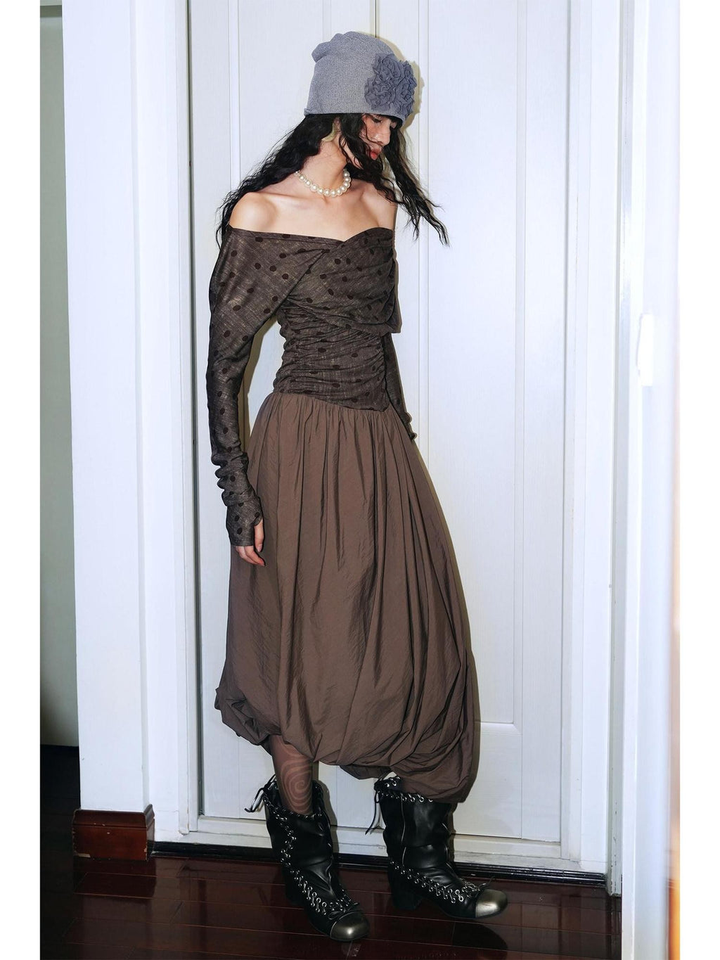 badtaste Tulip Hem Asymmetric Tailored Long Sleeve Women's Acetate Casual Maxi Dresses
