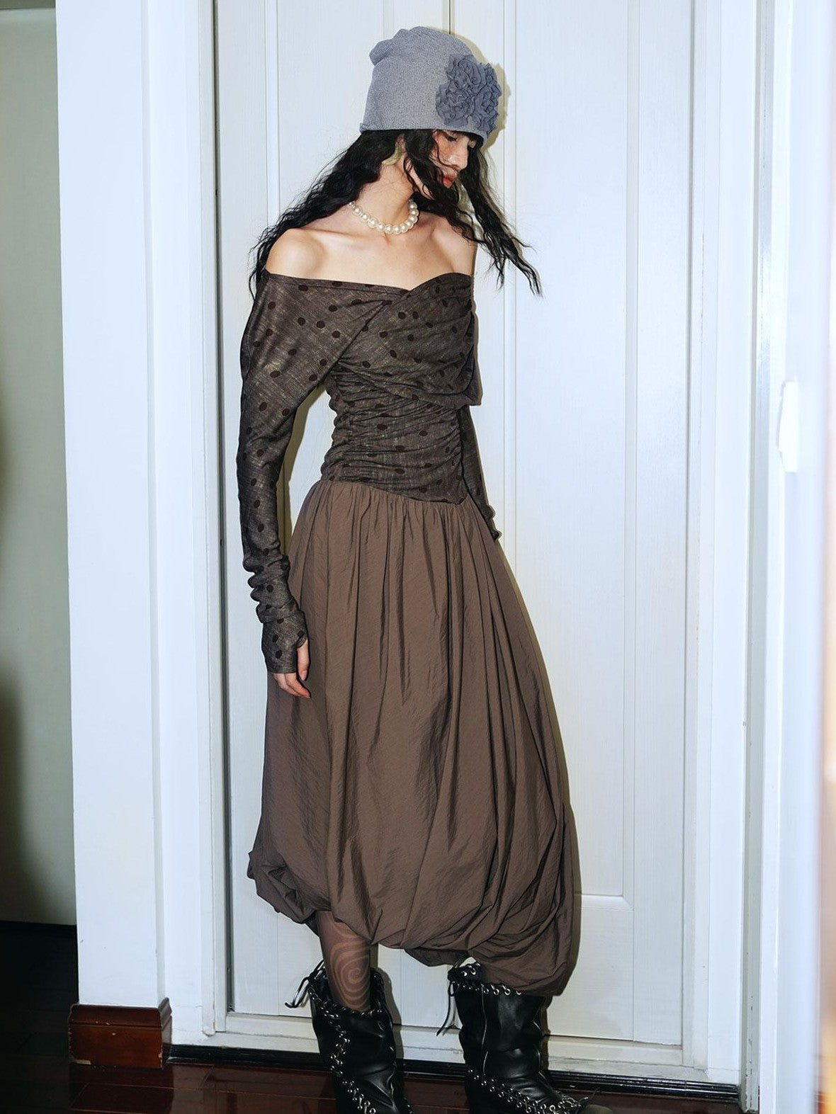 badtaste Tulip Hem Asymmetric Tailored Long Sleeve Women's Acetate Casual Maxi Dresses