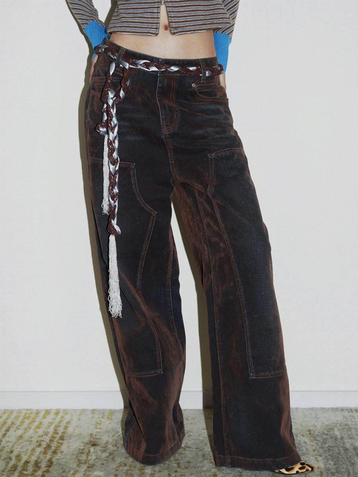 badtaste Vintage Brown Special Faded Velvet Flocked Women's Denim Wide-leg Jeans