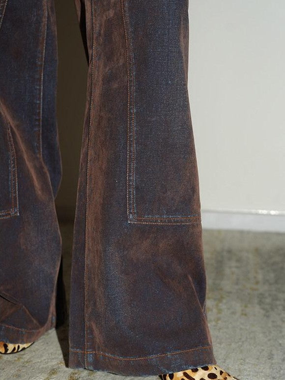 badtaste Vintage Brown Special Faded Velvet Flocked Women's Denim Wide-leg Jeans