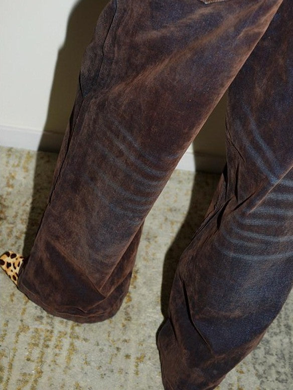 badtaste Vintage Brown Special Faded Velvet Flocked Women's Denim Wide-leg Jeans