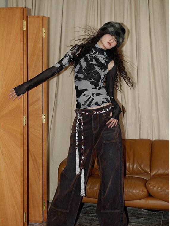 badtaste Vintage Brown Special Faded Velvet Flocked Women's Denim Wide-leg Jeans