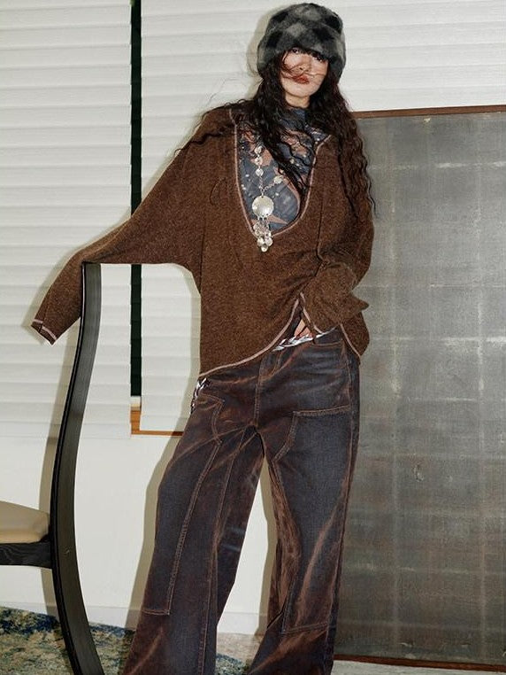 badtaste Vintage Brown Special Faded Velvet Flocked Women's Denim Wide-leg Jeans