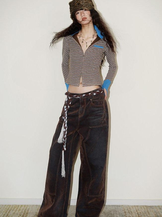 badtaste Vintage Brown Special Faded Velvet Flocked Women's Denim Wide-leg Jeans