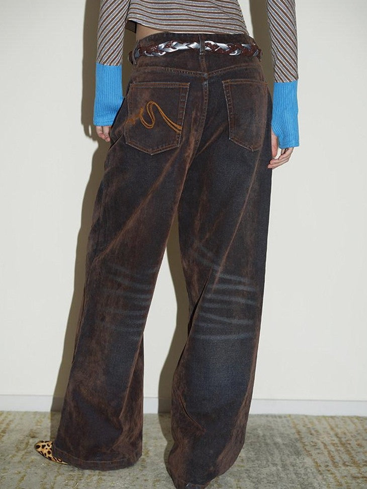 badtaste Vintage Brown Special Faded Velvet Flocked Women's Denim Wide-leg Jeans