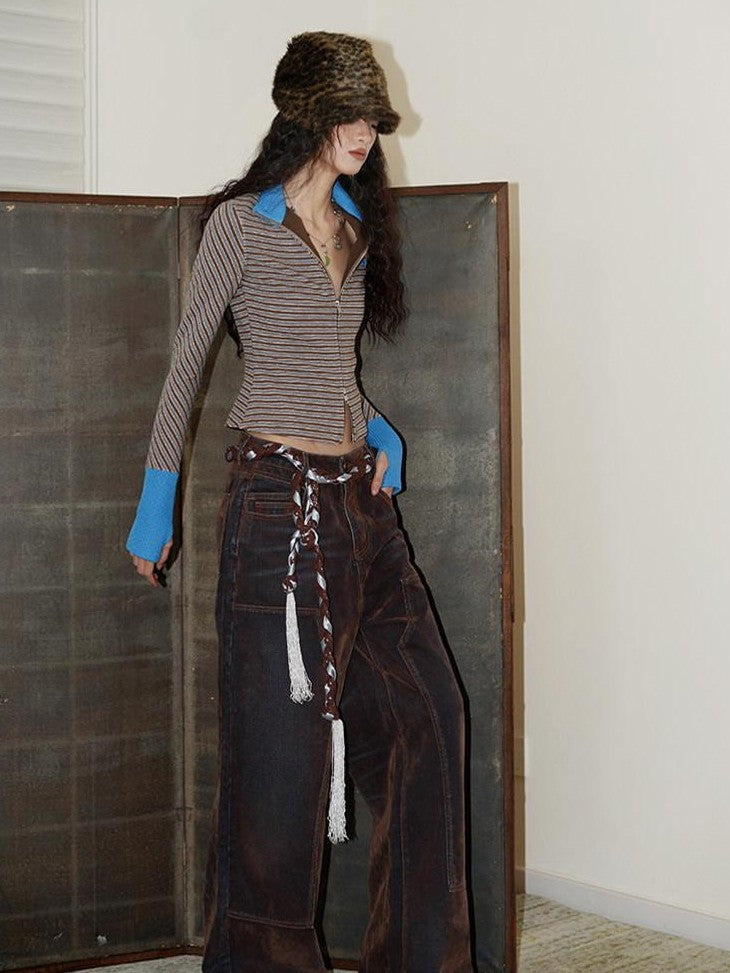 badtaste Vintage Brown Special Faded Velvet Flocked Women's Denim Wide-leg Jeans