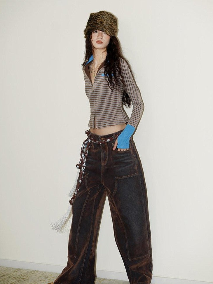 badtaste Vintage Brown Special Faded Velvet Flocked Women's Denim Wide-leg Jeans