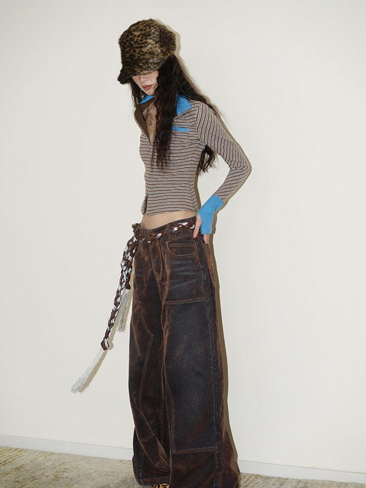badtaste Vintage Brown Special Faded Velvet Flocked Women's Denim Wide-leg Jeans
