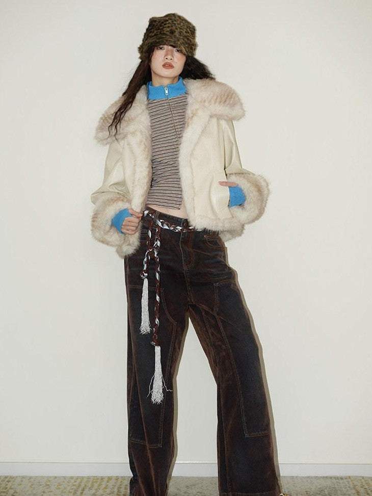 badtaste Vintage Brown Special Faded Velvet Flocked Women's Denim Wide-leg Jeans