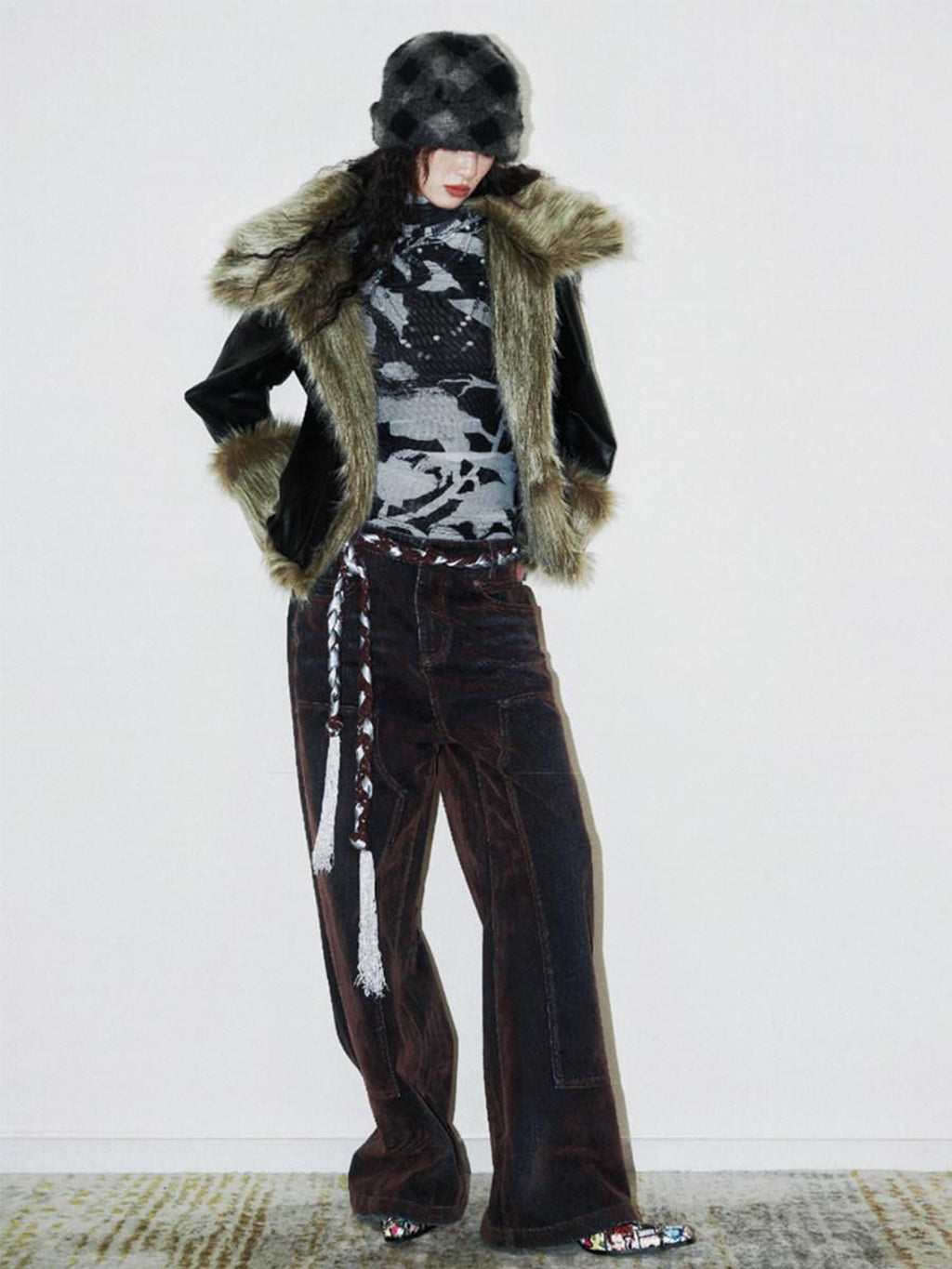 badtaste Vintage Brown Special Faded Velvet Flocked Women's Denim Wide-leg Jeans
