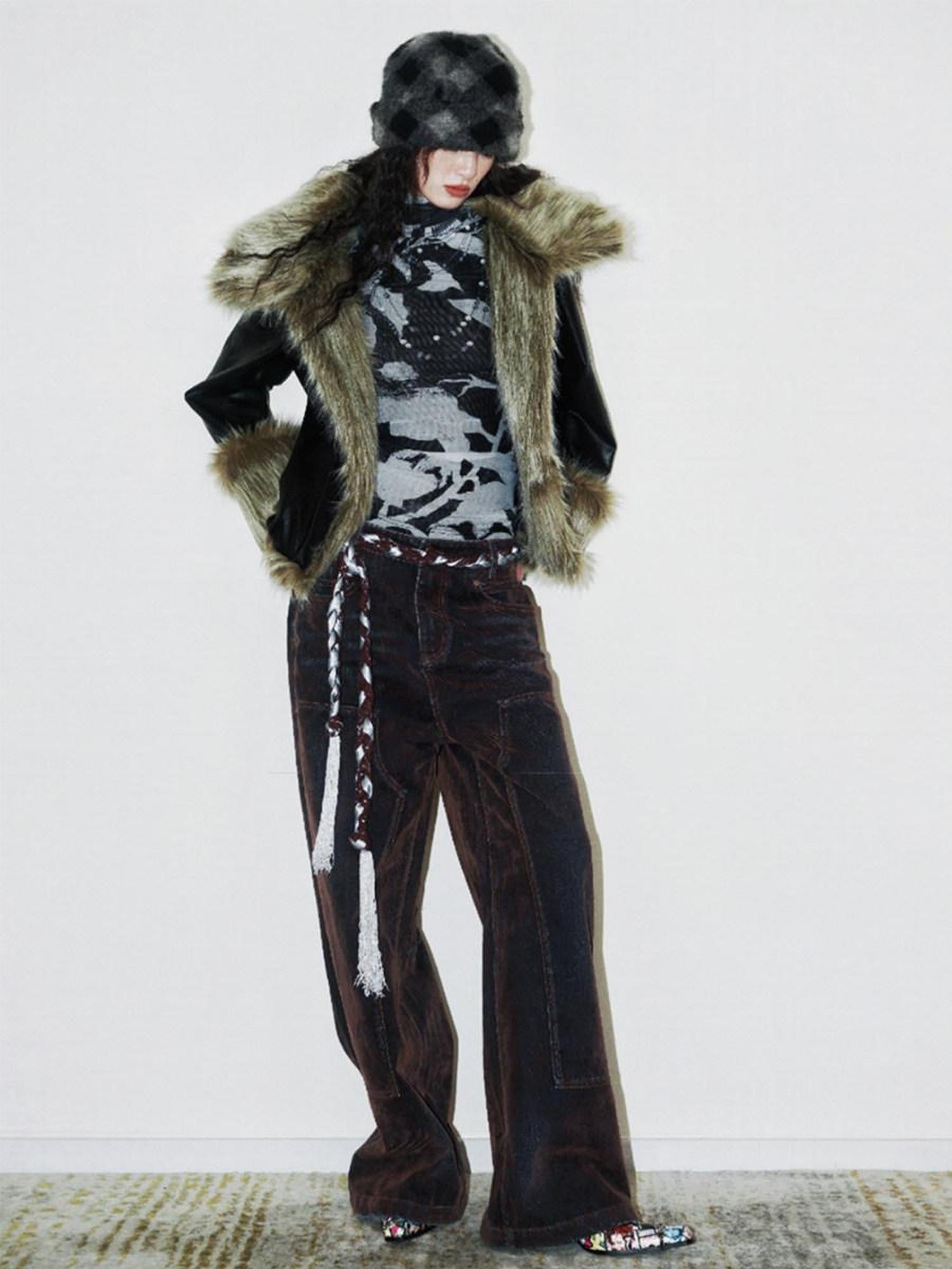 badtaste Vintage Brown Special Faded Velvet Flocked Women's Denim Wide-leg Jeans