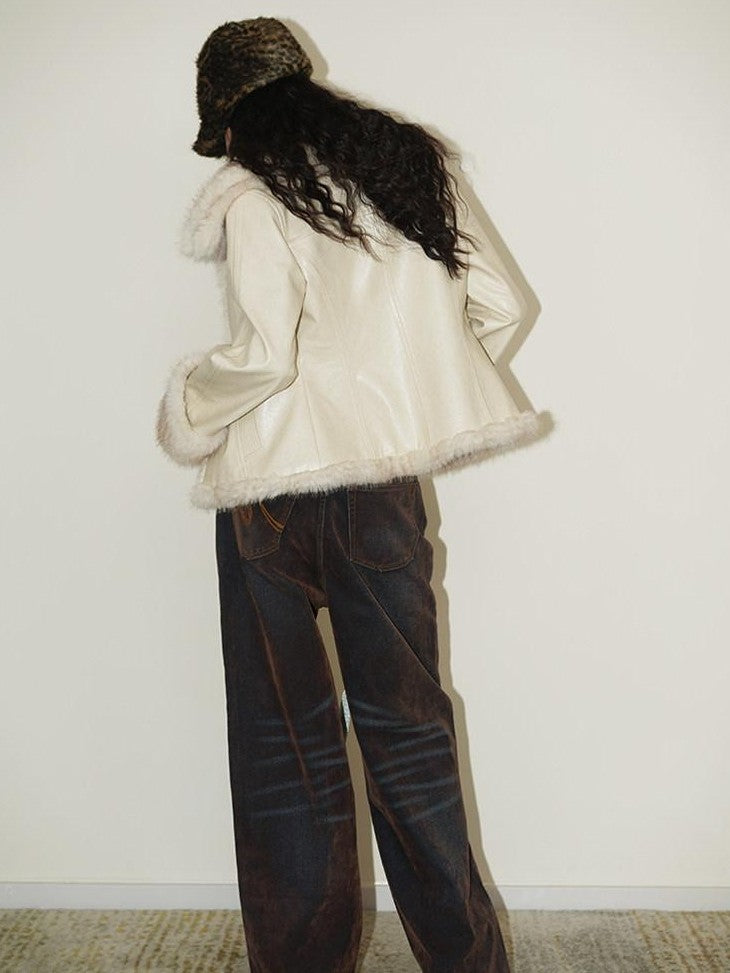 badtaste Vintage Brown Special Faded Velvet Flocked Women's Denim Wide-leg Jeans