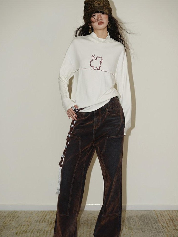 badtaste Vintage Brown Special Faded Velvet Flocked Women's Denim Wide-leg Jeans