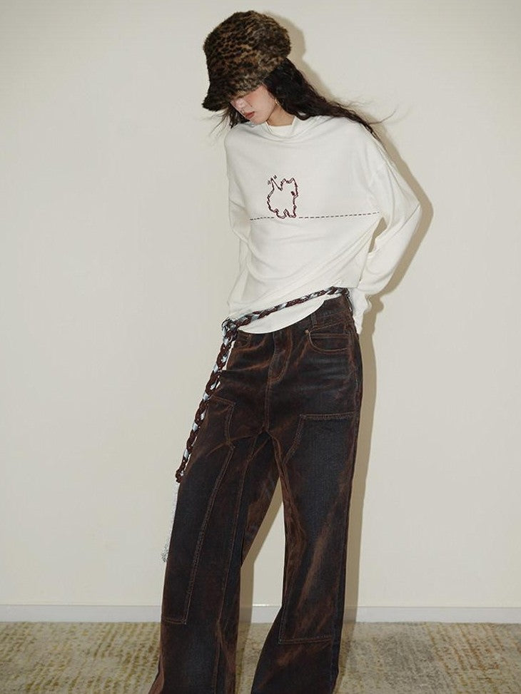 badtaste Vintage Brown Special Faded Velvet Flocked Women's Denim Wide-leg Jeans