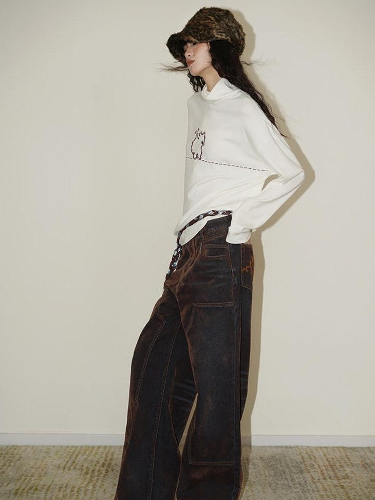 badtaste Vintage Brown Special Faded Velvet Flocked Women's Denim Wide-leg Jeans