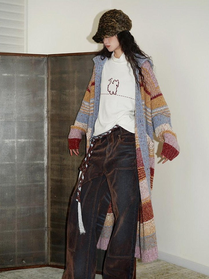 badtaste Vintage Brown Special Faded Velvet Flocked Women's Denim Wide-leg Jeans