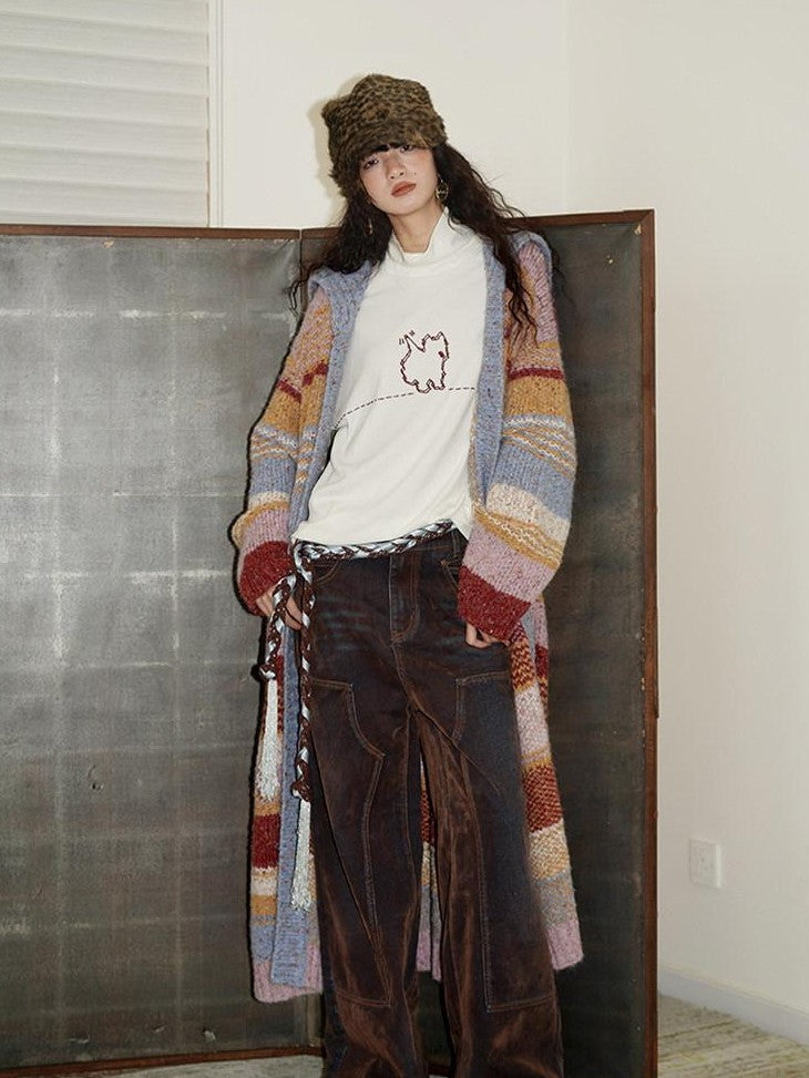 badtaste Vintage Brown Special Faded Velvet Flocked Women's Denim Wide-leg Jeans