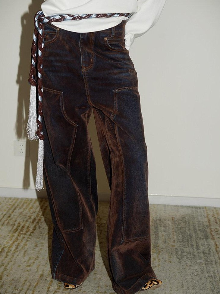 badtaste Vintage Brown Special Faded Velvet Flocked Women's Denim Wide-leg Jeans