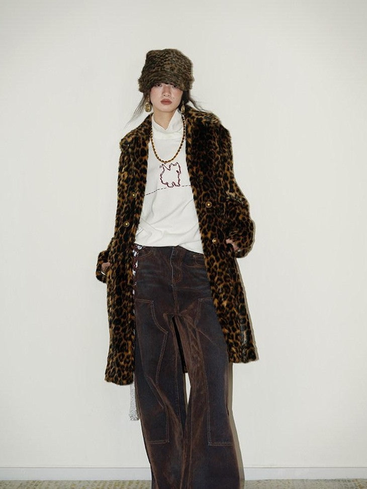 badtaste Vintage Brown Special Faded Velvet Flocked Women's Denim Wide-leg Jeans