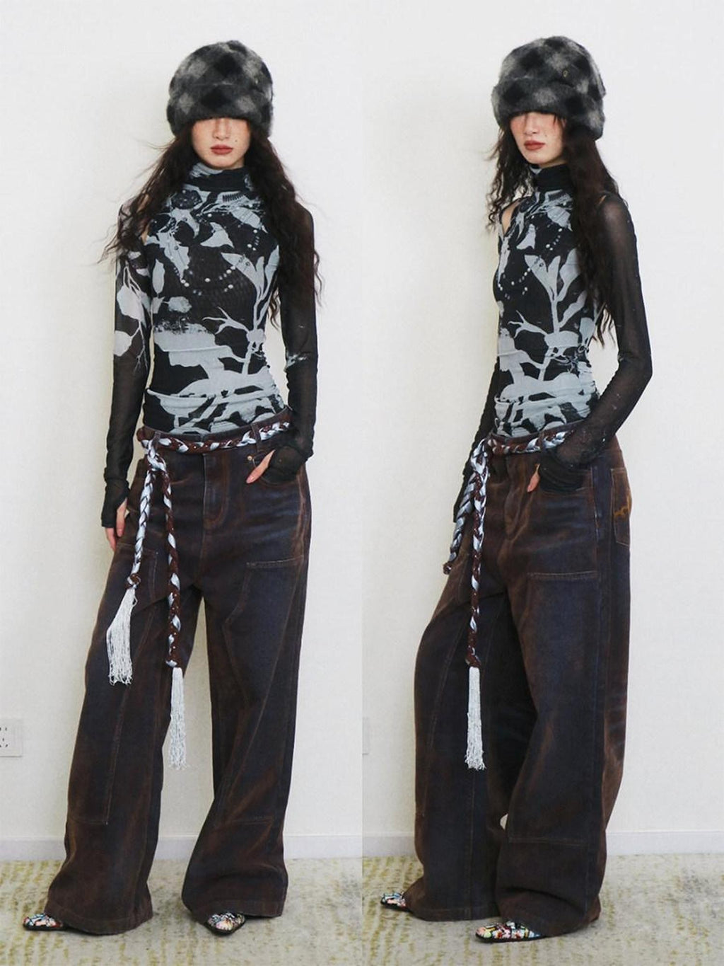 badtaste Vintage Brown Special Faded Velvet Flocked Women's Denim Wide-leg Jeans