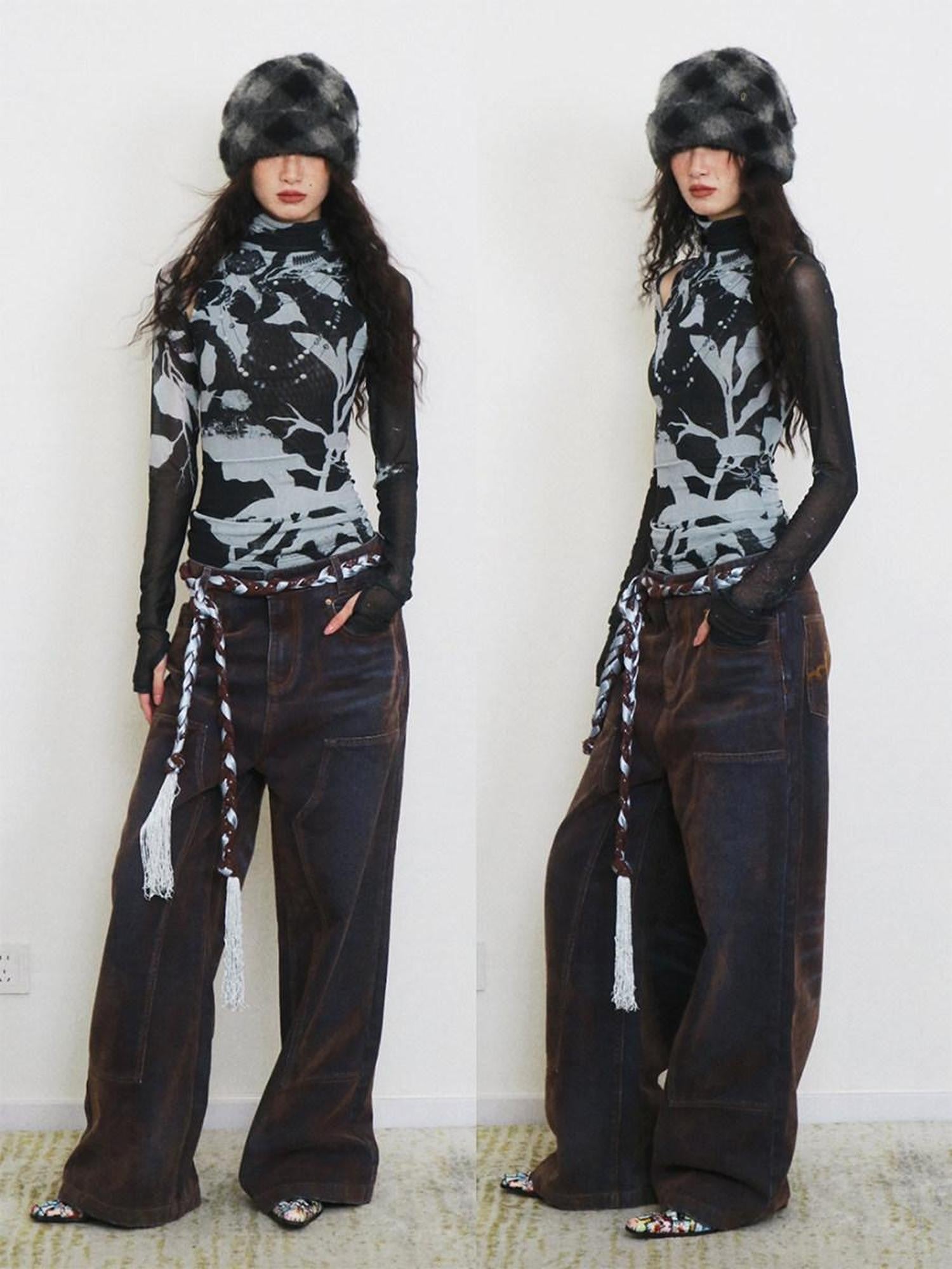 badtaste Vintage Brown Special Faded Velvet Flocked Women's Denim Wide-leg Jeans