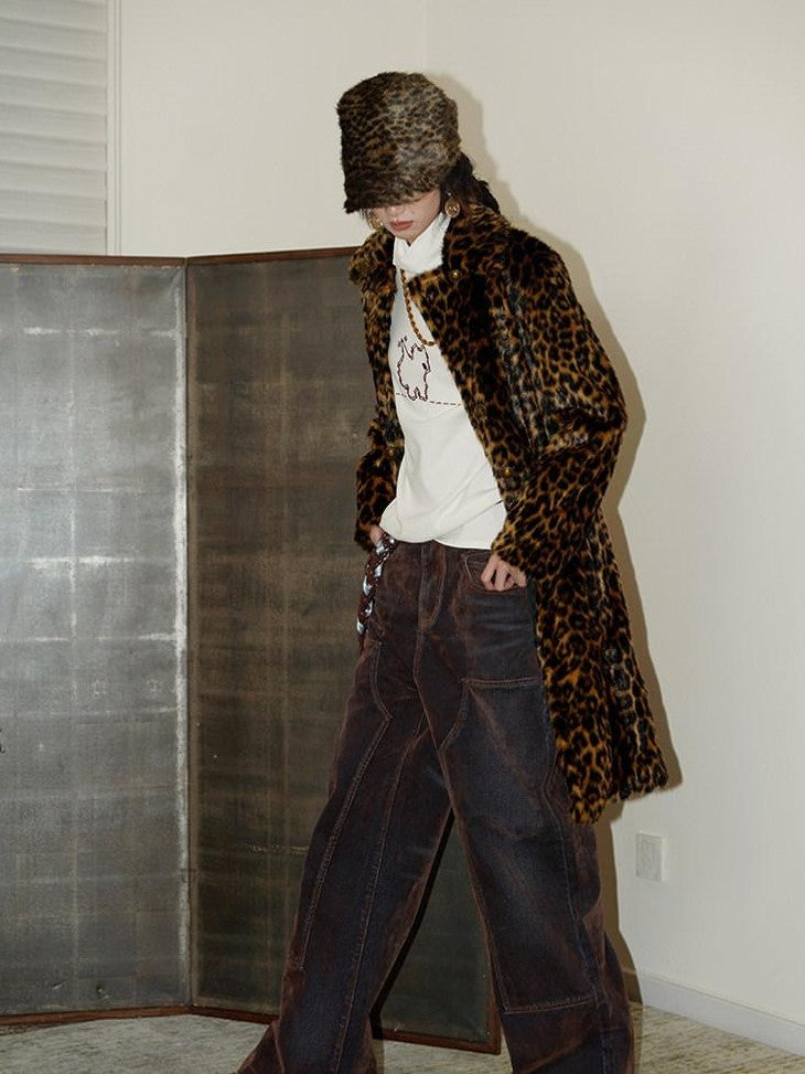 badtaste Vintage Brown Special Faded Velvet Flocked Women's Denim Wide-leg Jeans