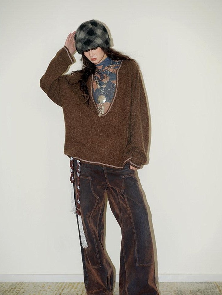 badtaste Vintage Brown Special Faded Velvet Flocked Women's Denim Wide-leg Jeans