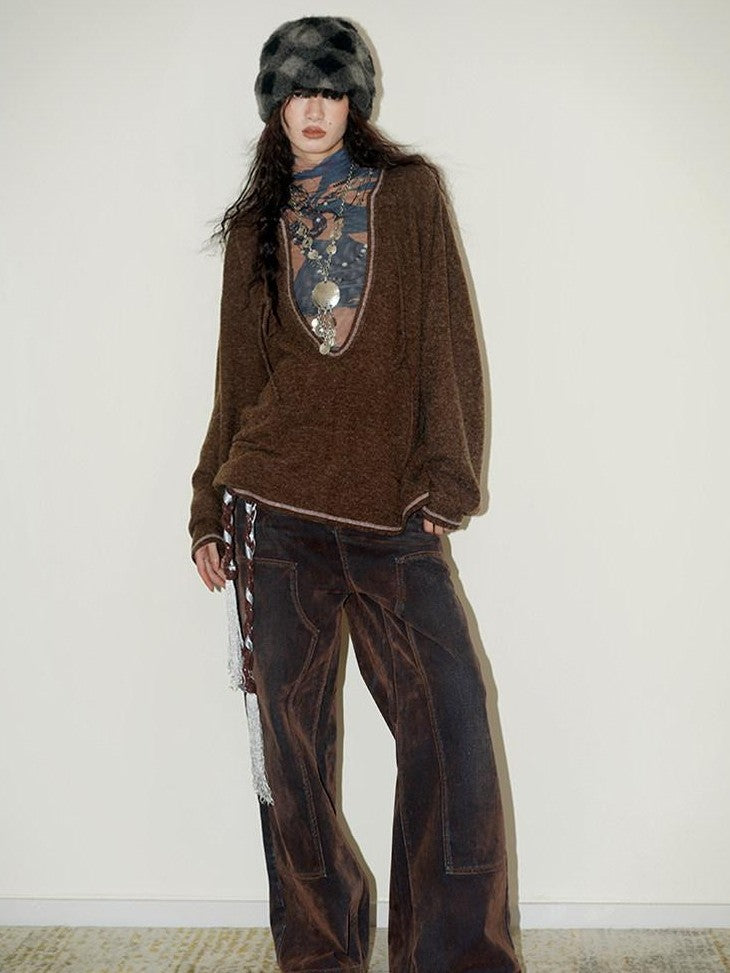 badtaste Vintage Brown Special Faded Velvet Flocked Women's Denim Wide-leg Jeans