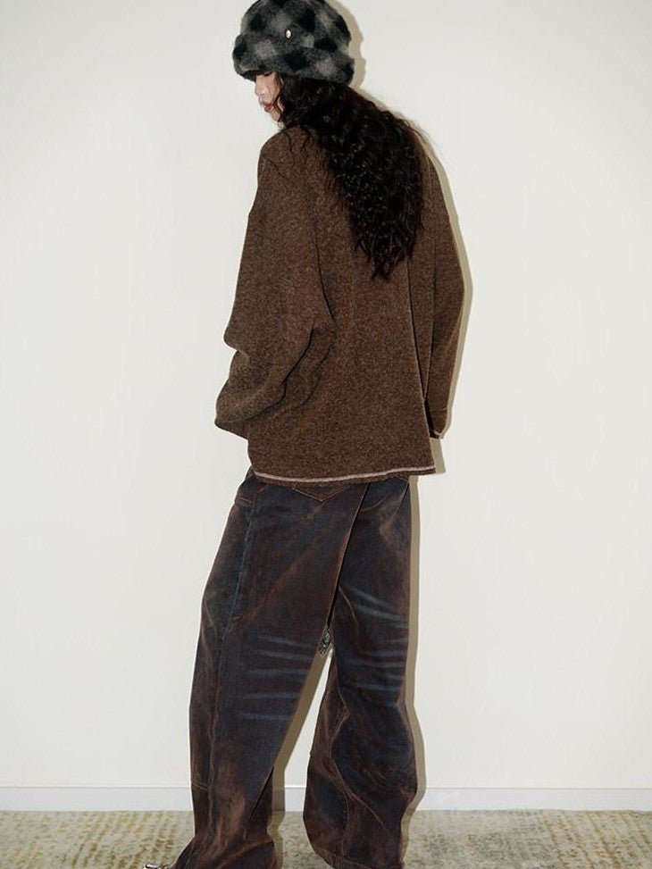 badtaste Vintage Brown Special Faded Velvet Flocked Women's Denim Wide-leg Jeans