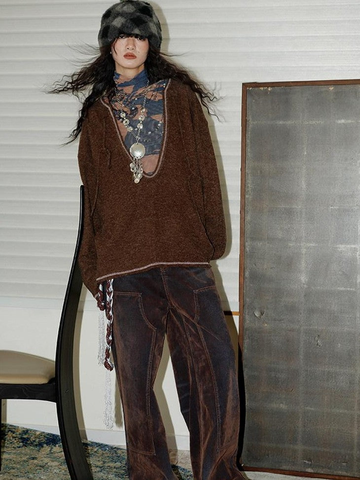 badtaste Vintage Brown Special Faded Velvet Flocked Women's Denim Wide-leg Jeans