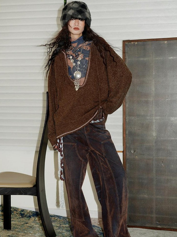 badtaste Vintage Brown Special Faded Velvet Flocked Women's Denim Wide-leg Jeans