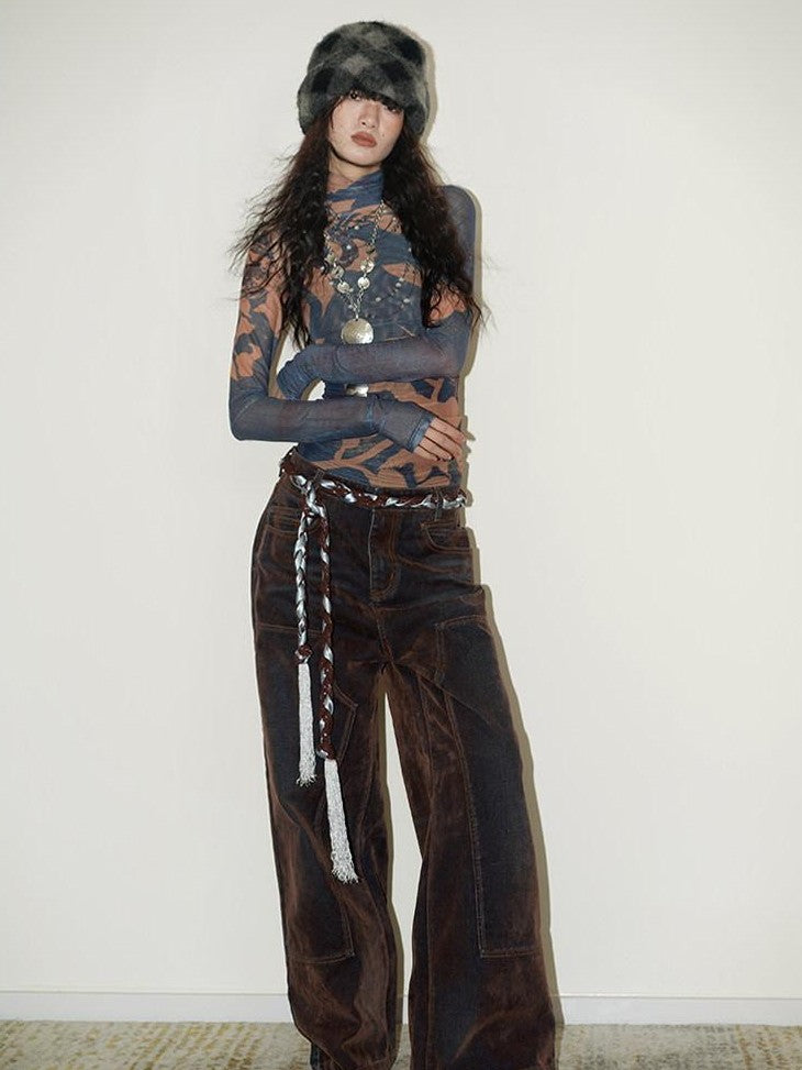 badtaste Vintage Brown Special Faded Velvet Flocked Women's Denim Wide-leg Jeans
