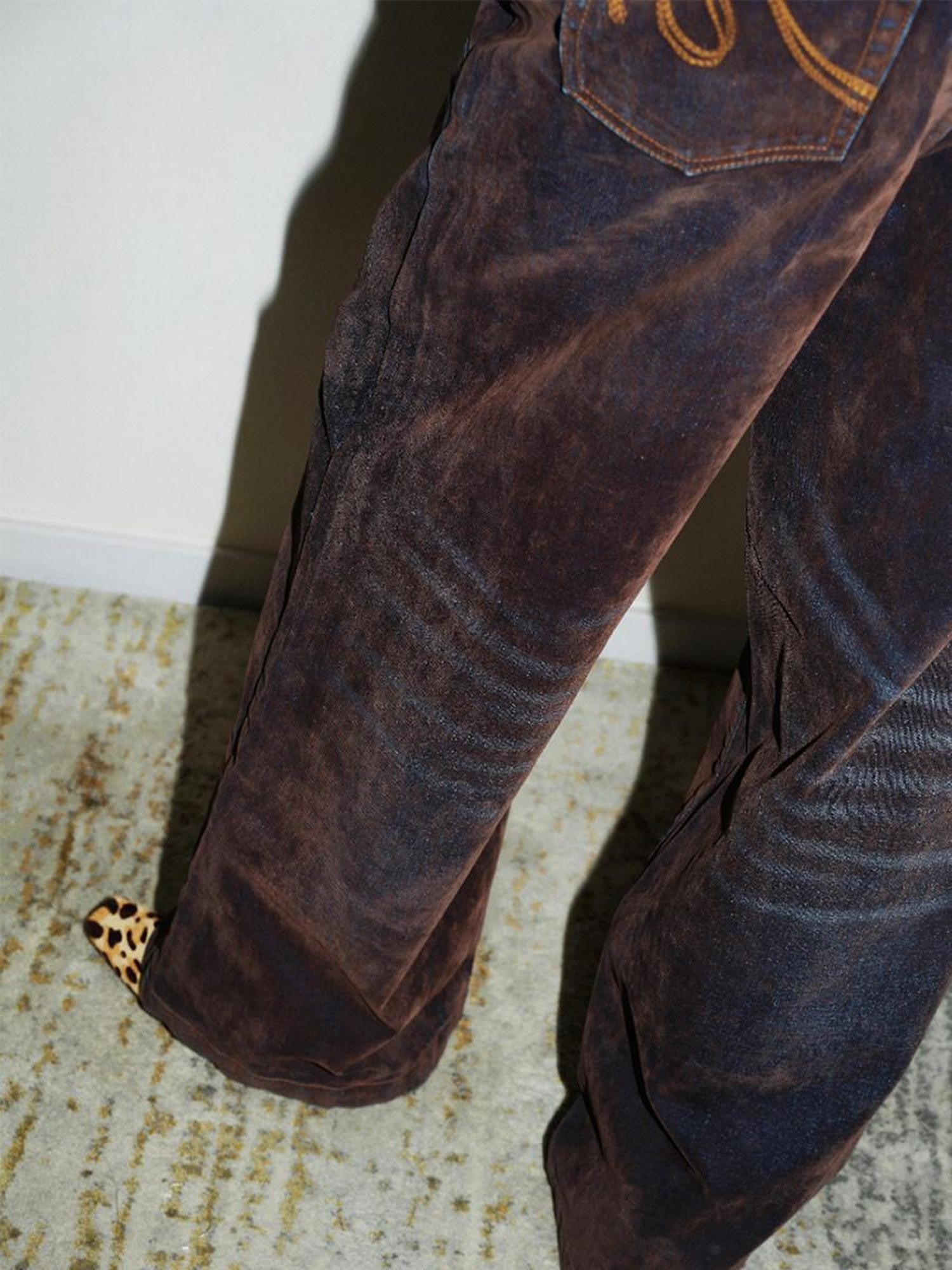 badtaste Vintage Brown Special Faded Velvet Flocked Women's Denim Wide-leg Jeans