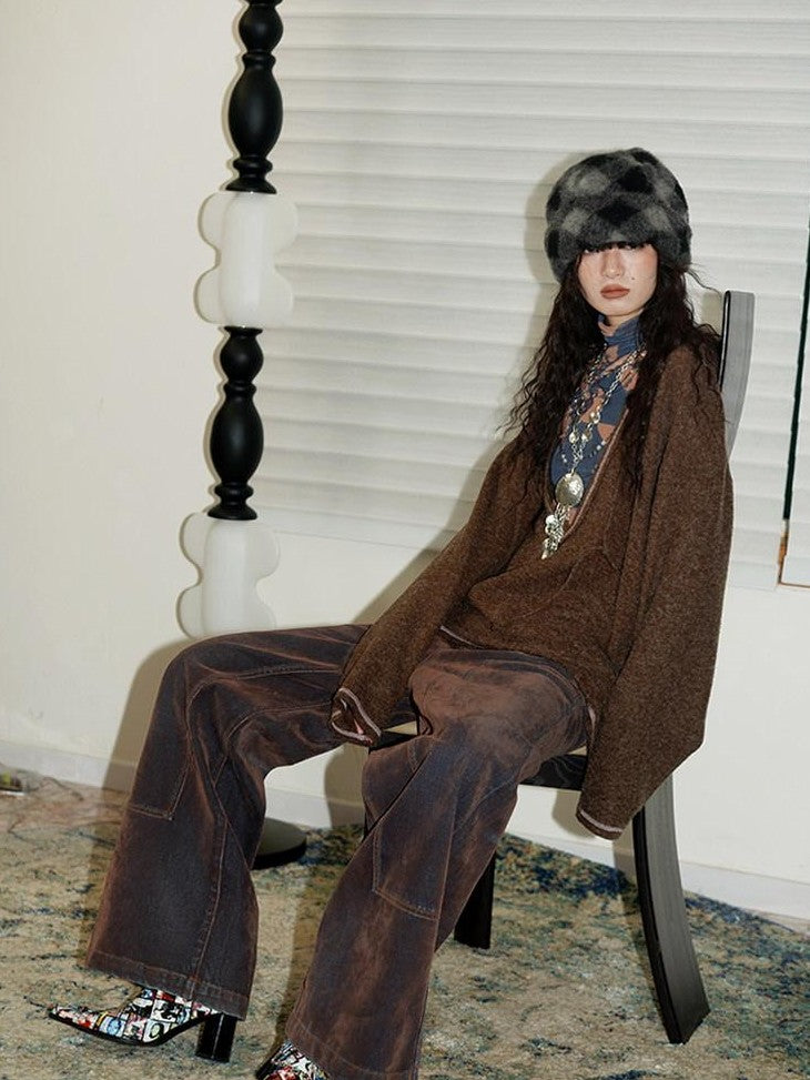 badtaste Vintage Brown Special Faded Velvet Flocked Women's Denim Wide-leg Jeans