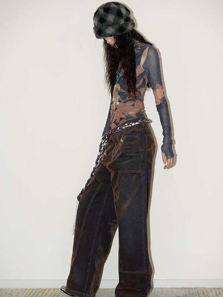 badtaste Vintage Brown Special Faded Velvet Flocked Women's Denim Wide-leg Jeans