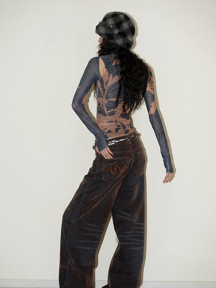 badtaste Vintage Brown Special Faded Velvet Flocked Women's Denim Wide-leg Jeans