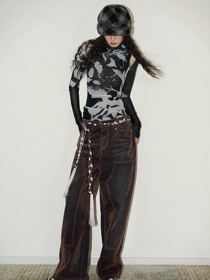 badtaste Vintage Brown Special Faded Velvet Flocked Women's Denim Wide-leg Jeans