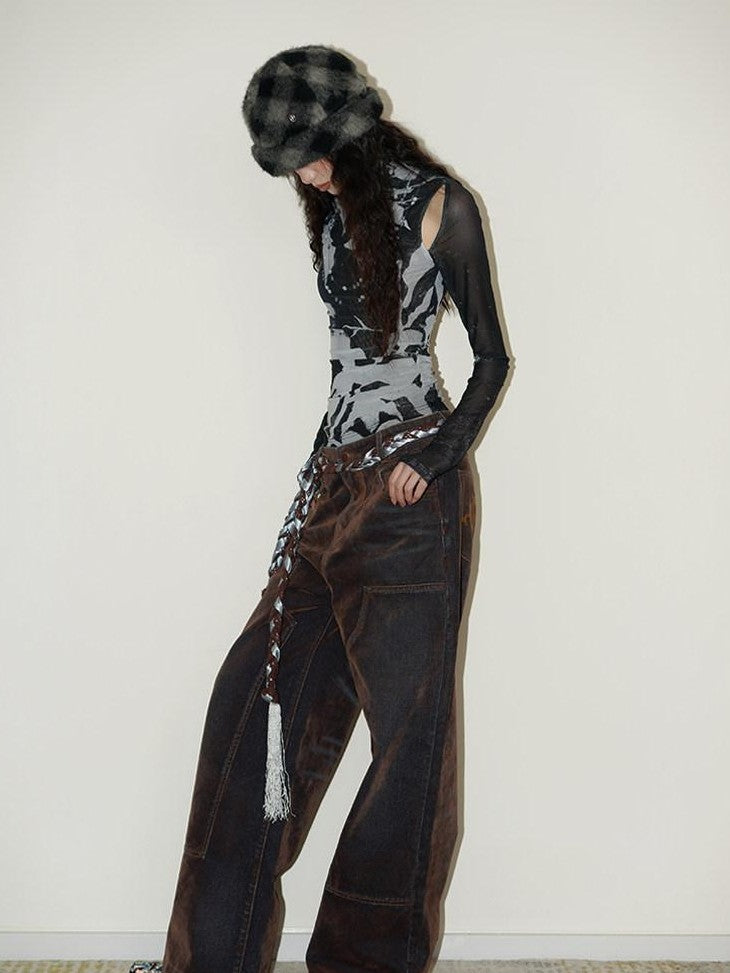 badtaste Vintage Brown Special Faded Velvet Flocked Women's Denim Wide-leg Jeans