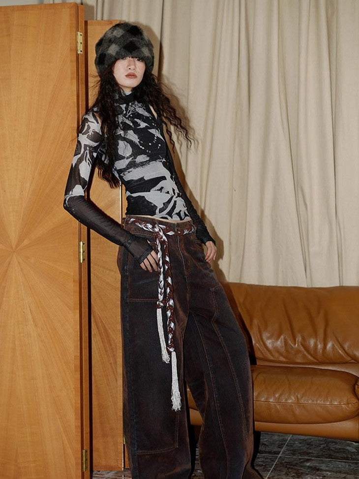 badtaste Vintage Brown Special Faded Velvet Flocked Women's Denim Wide-leg Jeans