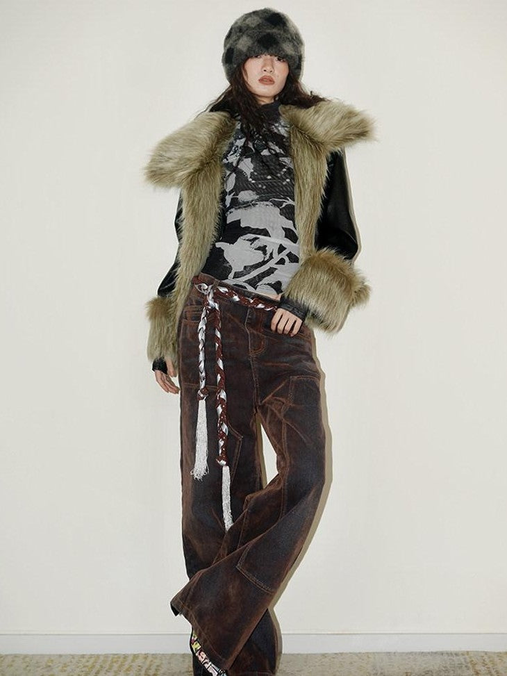 badtaste Vintage Brown Special Faded Velvet Flocked Women's Denim Wide-leg Jeans